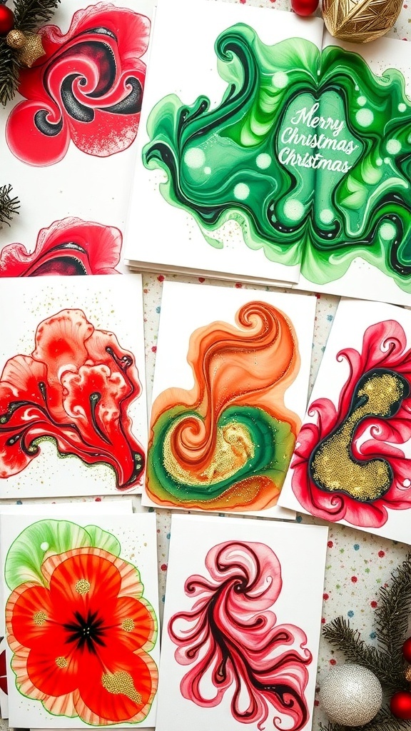 Handmade Christmas cards with colorful alcohol ink designs on glossy cardstock, displayed with holiday decorations.